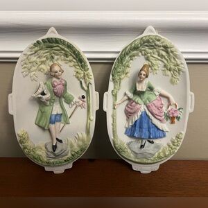 Occupied Japan Courting Couple Porcelain Wall Hangings